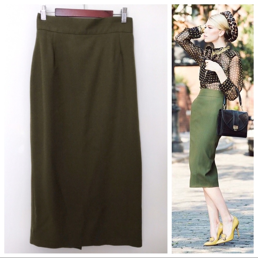Vtg Wool Olive Green Midi Pencil Skirt XS